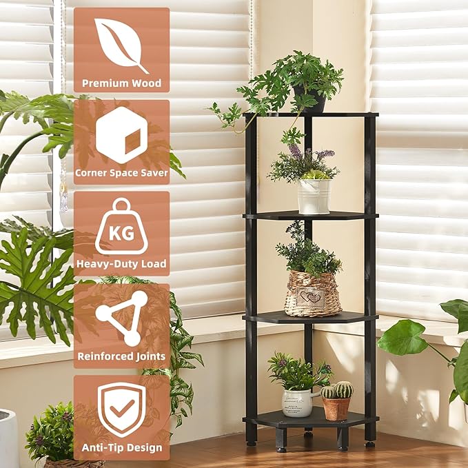 YUFAM 4-Tier Corner Shelf with Sturdy 5-Leg Base, 40in Tall Narrow Bookcase for Small Spaces, Wooden Plant Display Shelf, Thin Bookshelf for Living Room, Bedroom, Office, Black
