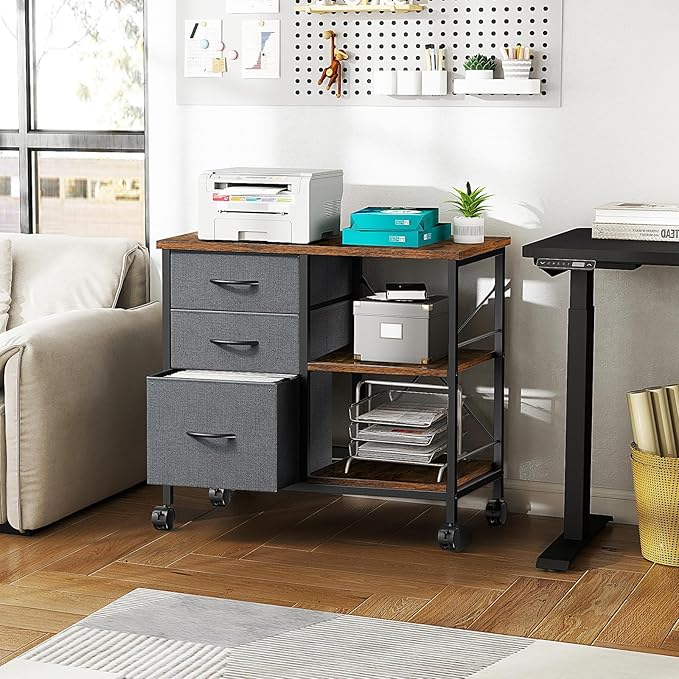 DUMOS File Cabinet, Mobile Storage Cabinet with 3 Drawers and Back Support Bar, Spacious Printer Stand with Storage Supporting 198 lbs for Home Office, Rust
