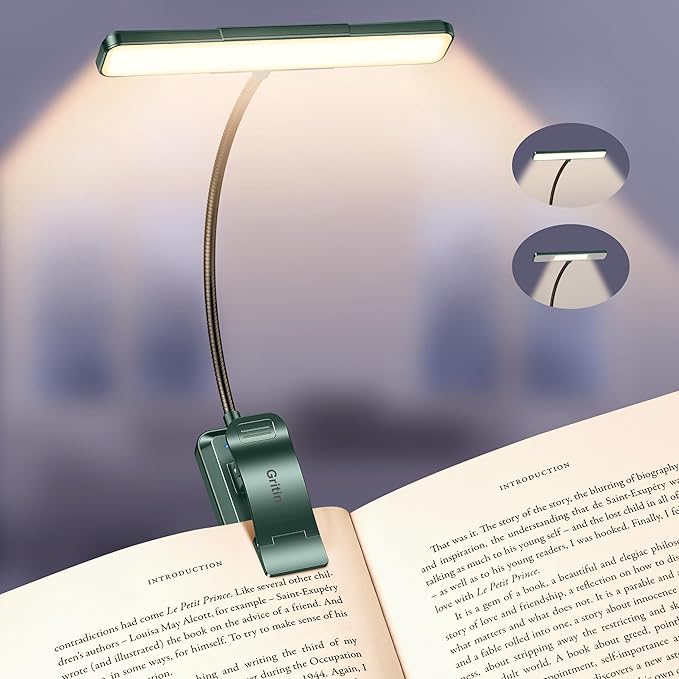 Gritin 2026 Gen 2 Book Light for Reading- 32 Eye Caring Full Spectrum LED, 5 Colors & 5 Brightness, Adjustable Wide/Narrow Beam, Upgrade 1500mAh Long-Lasting Clip on Light for Book Lovers-Forest Green