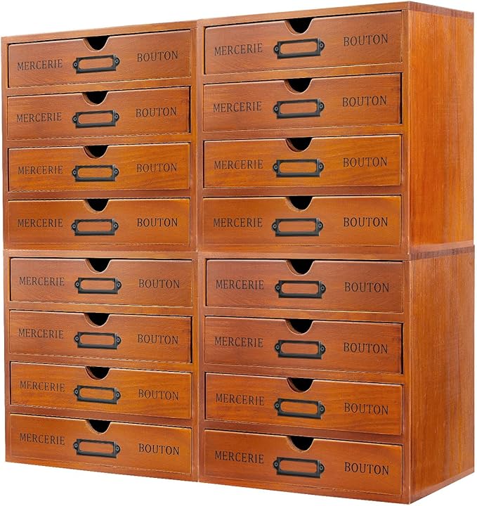 16-Drawer Wooden Desk Organizer Storage Box with Label Holders Vintage Wood Desktop Organizer, Desk Drawer Unit Collectors Box for Living Rooms, Bedrooms, Offices (Brown, 4PCS, 16 Drawers)