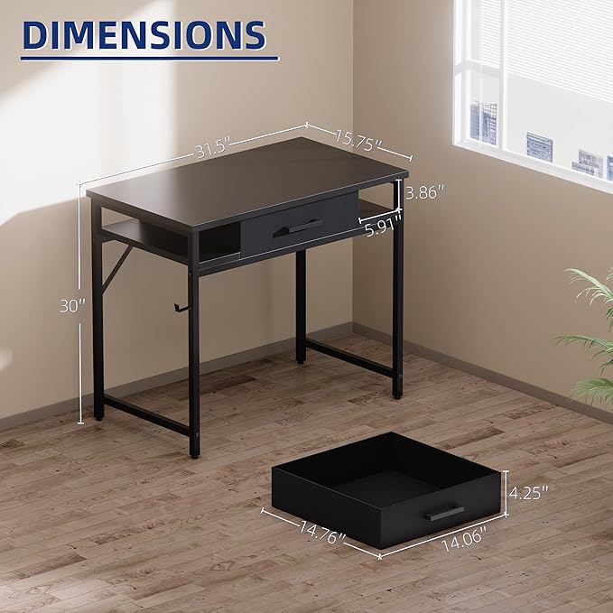 Pamray 32 Inch Small Computer Desk with Drawer and Shelves Simple Study Work Table for Bedroom Vintage