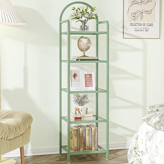 Hzuaneri Bookcase Bookshelf, Tempered Glass Bookshelves, Slim Shelving Unit for Bedroom, Bathroom, Home Office, Steel Frame, 5 Tier Green BC05099C