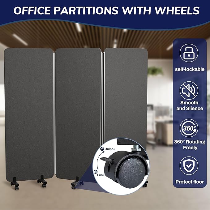 3 Panel Foldable Office Partitions, Mobile Cubicle Wall with Wheels, 71 x 66 Inch Noise Cancelling & Sound Proof Room Dividers Partition Wall, Aluminum Frame Dark Gray