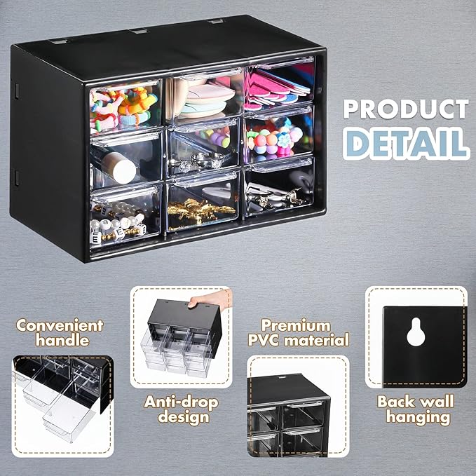 Rtteri 9 Pieces Mini Drawer Organizer Plastic Desktop Storage Box Desk Craft Organizer with 9 Clear Drawers for Office Home Jewelry Small Parts Belongings Cosmetics Collection, Wall Mounted (Black)