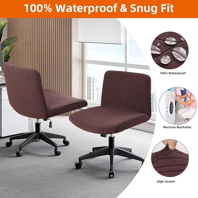 Fuloon Criss Cross Chair Cover, Waterproof, Stretchable, Solid Jacquard, Suited for Armless/Office/Desk/Mid Back Wide Seat/Computer/Task/Vanity/Accent Chair (Leaves -Shaped Jacquard, Brown)