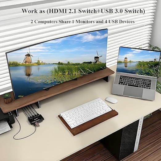8K@60Hz HDMI KVM Switch 1 Monitors 2 Computers USB 3.0 KVM Switches HDMI Port for Two Computers Share Single Screen and 3 USB 3.0 Port, Plug and Play, Includes 2 USB Cables and Controller