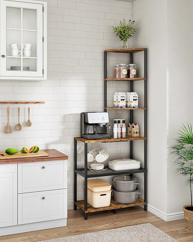 CHOEZON 6-Tier Corner Shelf, Industrial Corner Bookshelf with Desk Top, Diamond-Shaped Storage Shelves, Display Stand for Small Spaces, Living Room, Home Office, Foyer, Rustic Brown and Black TCJ70BF