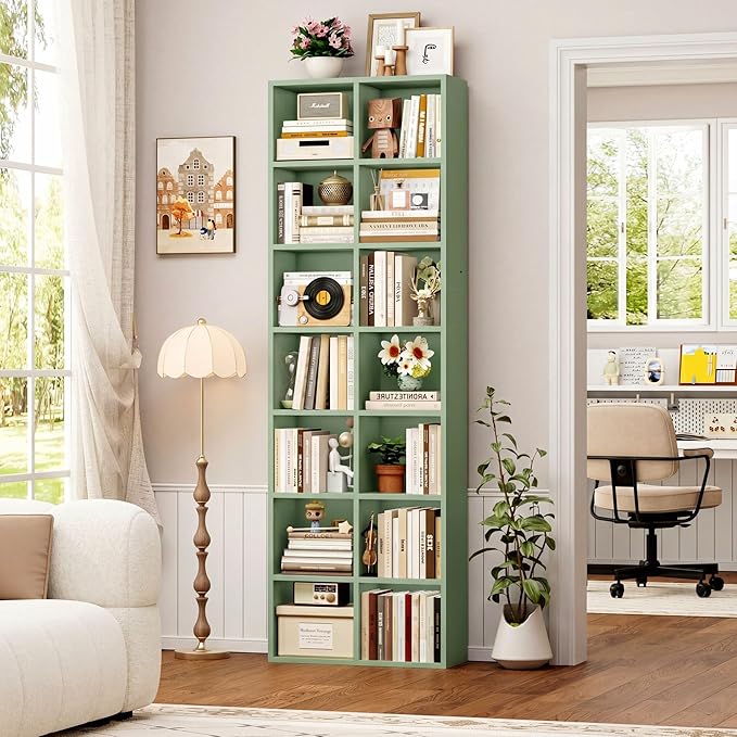 FOTOSOK 71'' Tall Bookshelf Set of 2, 7 Tier Large Bookshelf with Adjustable Shelves, Wide Bookcases and Bookshelf, DVD/CD Media Tower Storage, Cube Book Shelf Display Storage Cabinet, Green