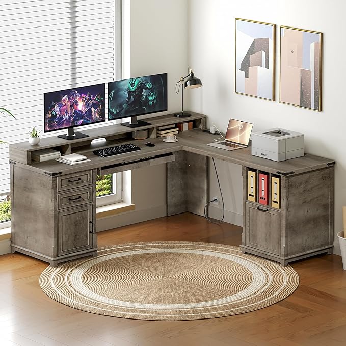 RALGEND Farmhouse 69" Executive L Shaped Desk with Drawer, Home Office Desk with Charging Station, Corner Computer Desk with Monitor Stand, File Drawer, Storage Cabinet, Greige