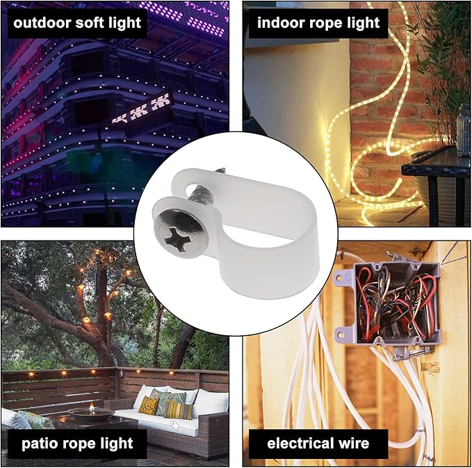 Bonsicoky 50Pcs 1/2 Inch Rope Light P-Style Clips with Screws, Cable Clip Wire Clamp Cable Organizer Cord Holder for Wire Management