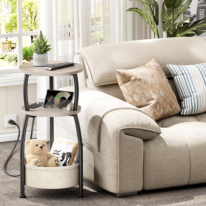 Side Table with Charging Station, Small Round End Table with Basket, USB Port and Outlet, 3 Tiers Sofa Couch Table Bedside Table for Living Room Bedroom, Small Spaces, 11.81in Greige