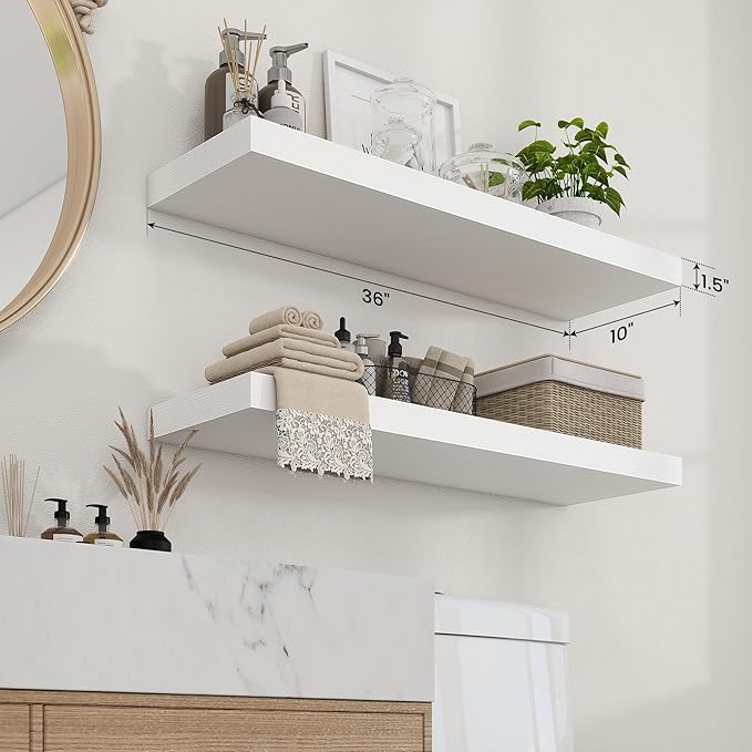 Axeman 36Inch Floating Shelves for Wall, 2 Pack Shelves for Bedroom, Bathroom, Kitchen, Hanging Wall Mounted Rustic Wood Shelf with Invisible Brackets for Books Decor, White