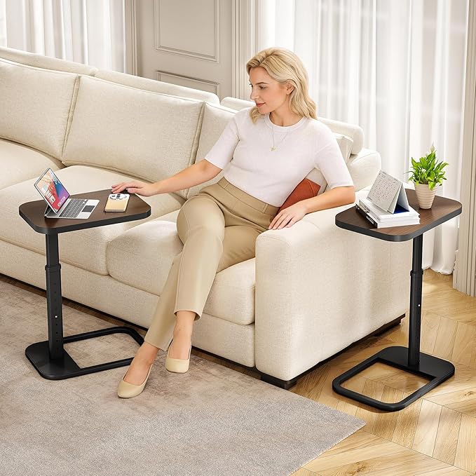 Kitstorack Adjustable Height C-Shaped End Table, 9-Level Side Table with Metal Rounded Edge, Couch Table that Slides Under Sofa or Bed, Eating, Working, and Drinks, TV Tray for Small Spaces, Espresso