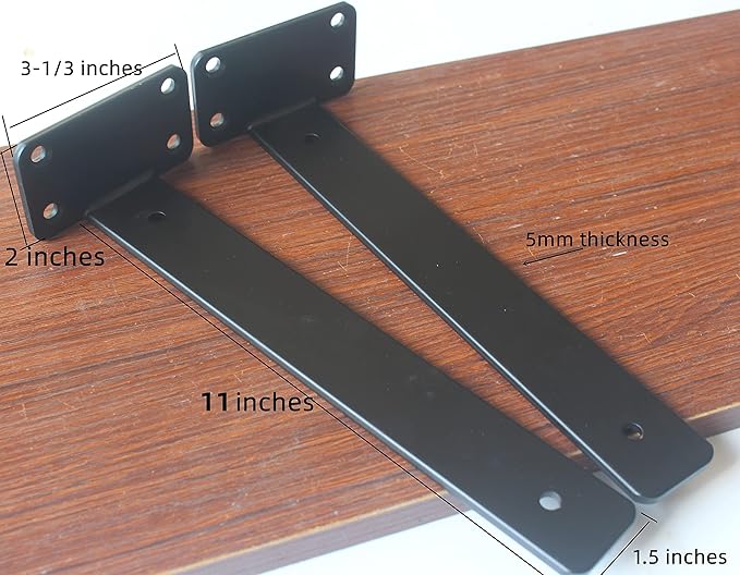 8 Pack - 11 inch Black Hidden L Shelf Bracket (1/5 Inch Thicked) Iron Floating Shelf Brackets Rustic Industrial Metal Brackets for Shelf Support