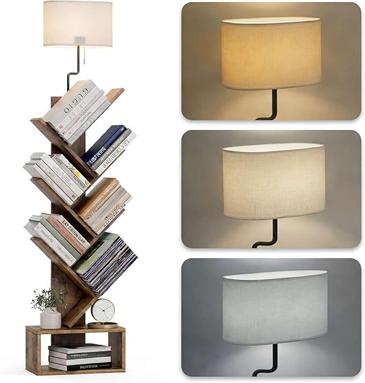 6 Tier Tree Bookshelf with Lights - Small Bookshelf Decor, Corner Bookshelf with Lamps, Living Room Storage, Tall Narrow DVD & CD Shelf, Comic Bookcases Standing for Bedroom or Office, Rustic Brown