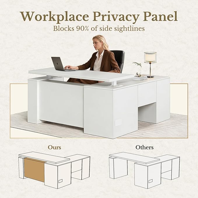 63 Inches L Shaped Electric Standing Desk, Height Adjustable Executive Desk with Drawers and File Cabinet, AC/USB, 1.18" Desktop and Privacy Panel for Home Office, White