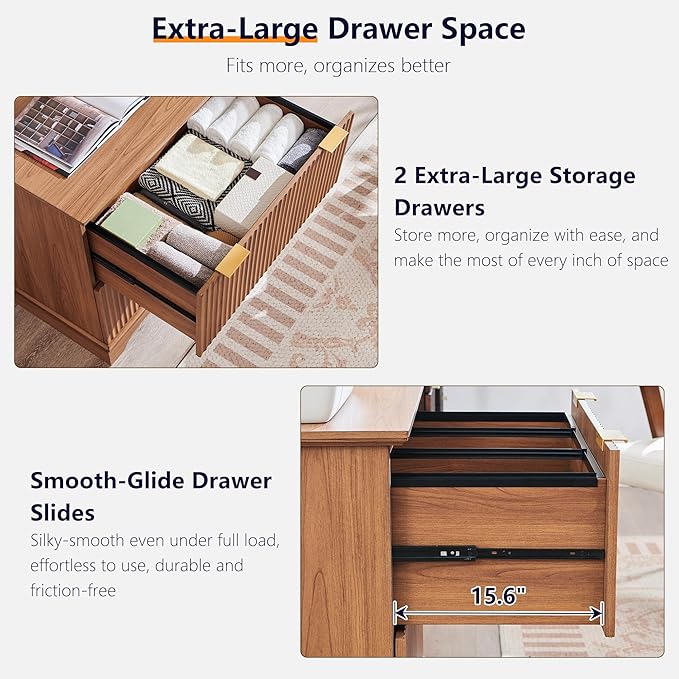 JXQTLINGMU 2 Drawer File Cabinet with Charging Station, 30" Fluted Lateral File Cabinet w/Files Hanging Rod for Letter/Legal/A4, Large Tabletop for Printer, Office Wood Printer Cabinets, Dark Grain