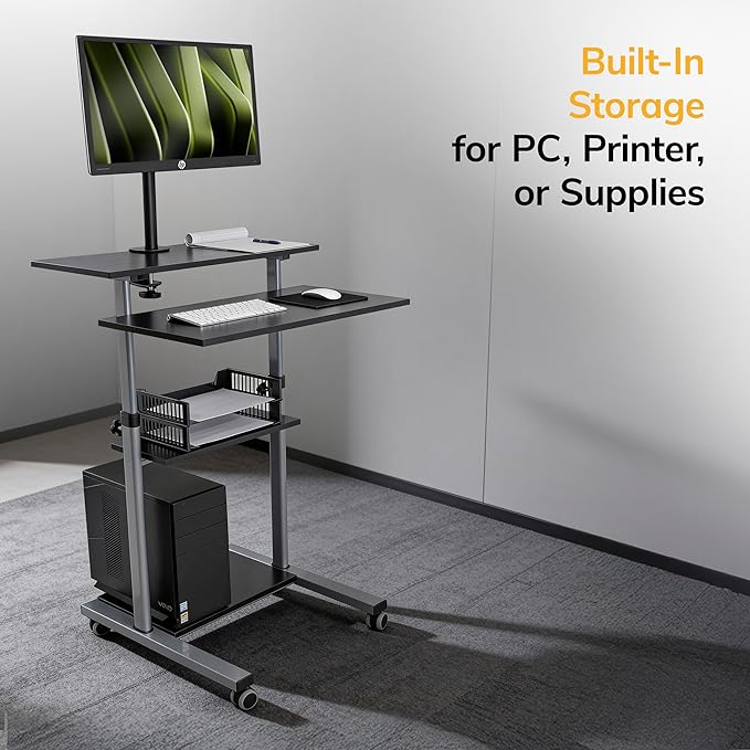 Mount-It! Mobile Computer Cart with Monitor Mount for Screen up to 32", Portable Desk on Wheels, Rolling Laptop Stand Teachers, Office, Classroom, Rise up to 53", Projector, Podium, Keyboard Tray