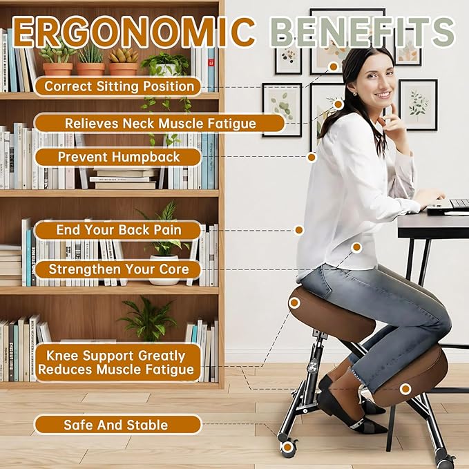 PU Leather Ergonomic Kneeling Chair, Adjustable Home and Office Stool with Thick Pads and Flexible Lockable Brake Wheels for Back Pain Relief（Dark Brown）