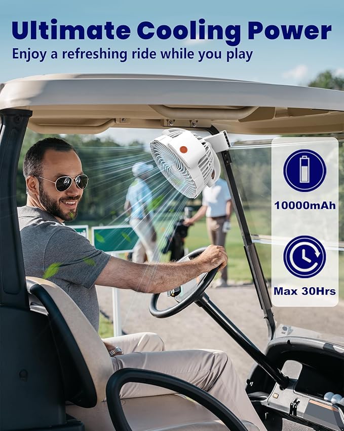 10000mAh Clip on Fan, 8-Inch Golf Cart Fan Rechargeable with LED Light, 9 Speeds Strong Airflow, Ultra Quiet, 30Hrs Runtime, 360° Rotation, Cooling for Bed Camping Office Desk Dorm, White
