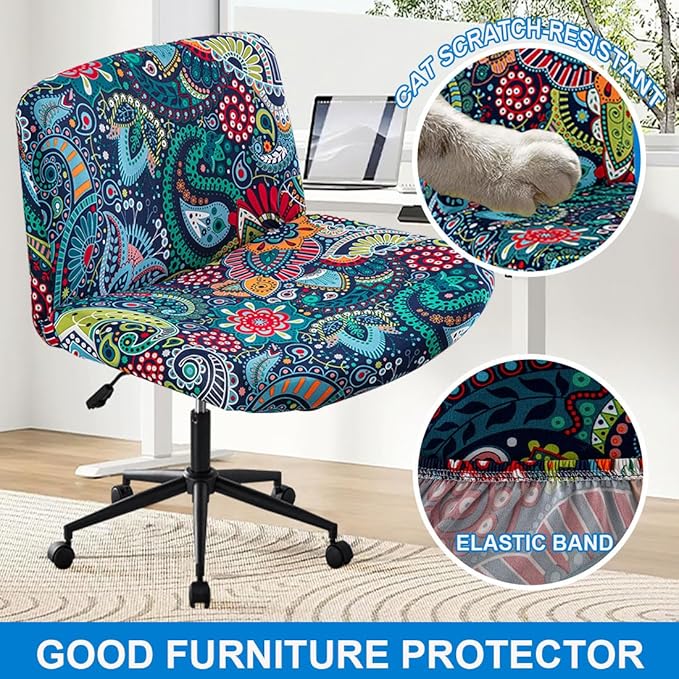 Levoberg Armless Criss Cross Office Desk Chair Cover Slipcovers Printed Vanity Desk Chair Covers Armless Cross Legged Wide Chair Covers Accent Mid Back Wide Swivel Task Chair Protector #3