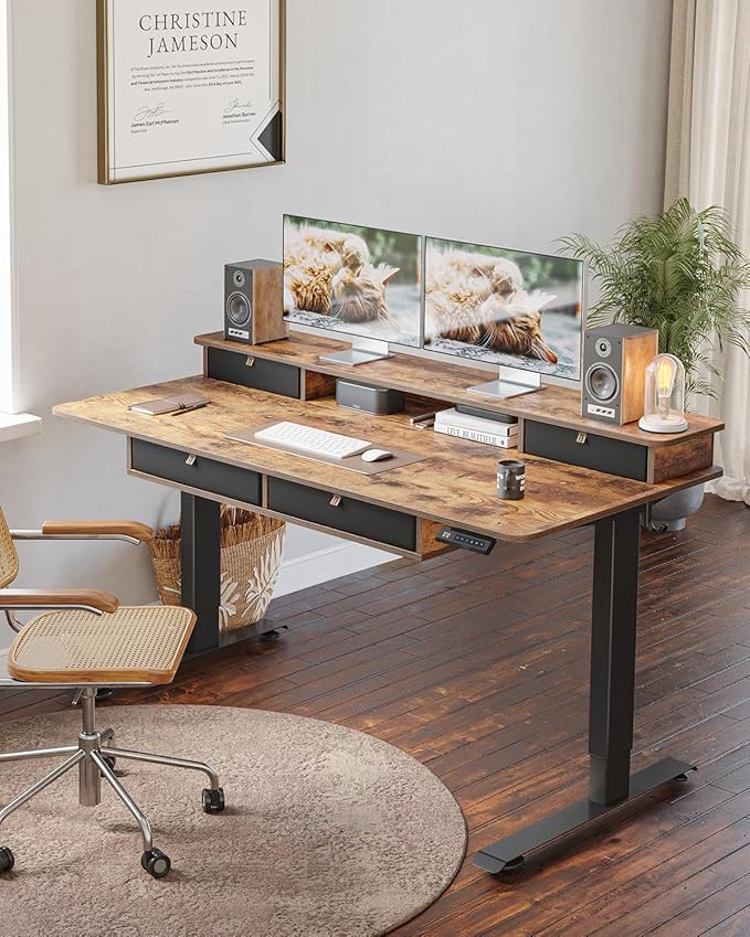 FEZIBO 55 x 30 inch Standing Desk with Drawers, Height Adjustable Electric Workstation, Computer Sit Stand Up Table with Large Storage Shelf 4 Drawers and 2 Hooks, Rustic Brown