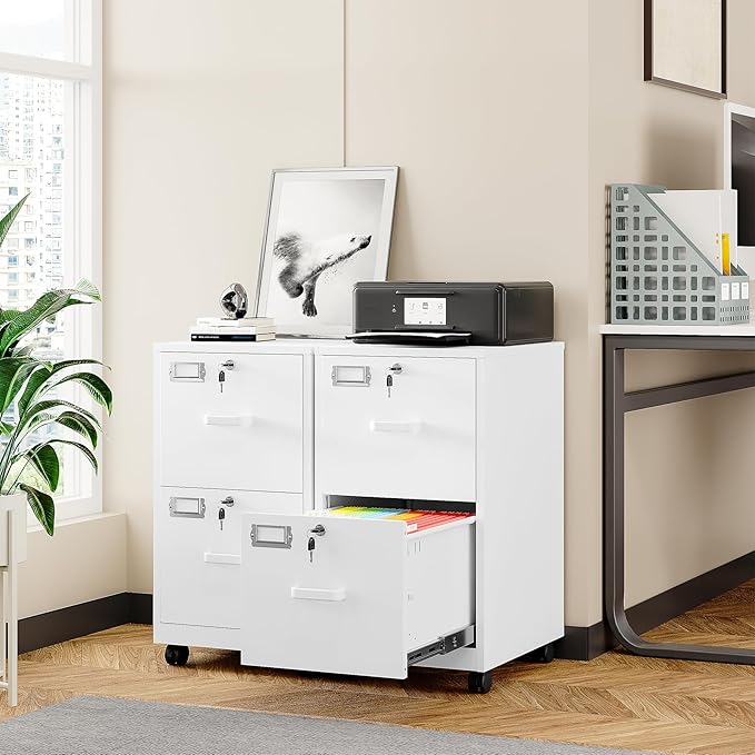 BYNSOE 2 Drawers File Cabinet with Lock Metal Vertical File Cabient with Wheels Mobile File Cabinet for Office Home Legal/Letter/a4 Size Require Assembly (White, 2 Drawers)