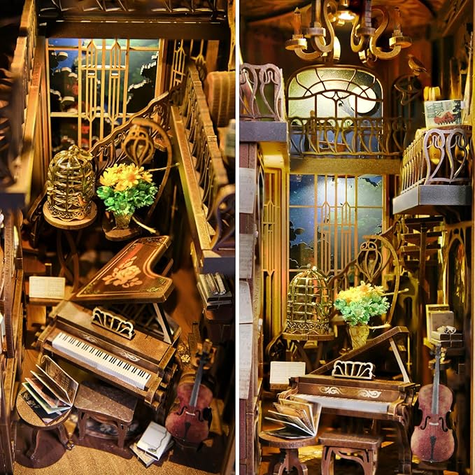 MiniCity DIY Book Nook Kit, Miniature Dollhouse Booknook Kit, 3D Wooden Puzzle Bookend Bookshelf Insert Decor with LED Light for Teens and Adults (Pianist with Nightingale)