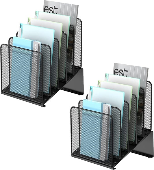 2 Pack Inclined 5-Section Desk File Organizer, Vertical File Folder Holder File Sorter Desktop Organization for Office Classroom