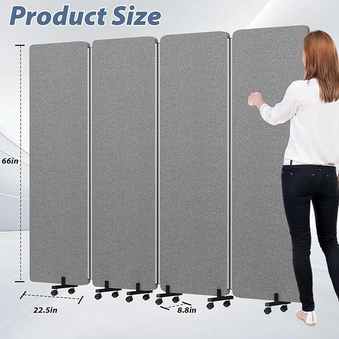 Room Divider Soundproof Privacy Panel with Wheels, 4 Panel Wall Divider (Aluminum Frame) for Room Partition, Folding Room Dividers Space Separation Office Cubicle Wall Divider Sound Proof Separator