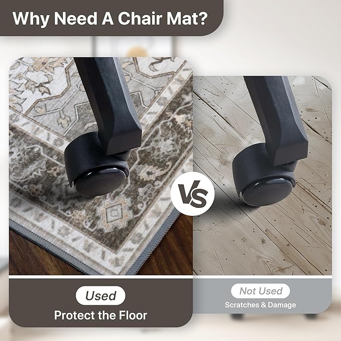 36"x60" Office Chair Mat for Hardwood Tile Floor, Under Desk Carpet Protector for Rolling Computer Chair Mat, Machine Washable Area Rug, Anti-Slip 1/5" Thick Low Pile Thin Vinyl Floor Mat, Tawny Grey