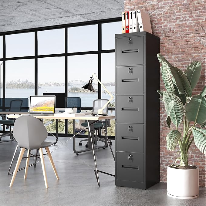 IKIMI 5 Drawer File Cabinet with Lock,Vertical Filing Cabinet with 5 Lockable Drawers,Black Metal File Cabinet for Home Office Steel File Cabinets for A4/Letter/Legal Size File,Assembly Required