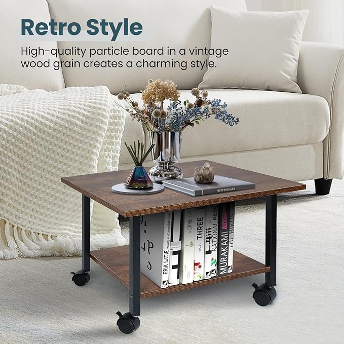 SwaaVee Printer Stand with Storage Under Desk Shelf, Desktop Printer Stand Organizer, Rolling Printer Cart Storage Paper Files Holder for Desk, Office, Home, (Rustic Brown)