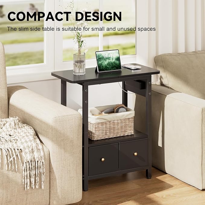 HLDIRECT Nightstand with Charging Station, Bedside Table with 2 Fabric Drawers and Large Storage Shelf for Small Space, End Table with Outlet and USB Ports for Living Room, Bedroom (Black)