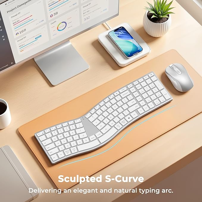 MEETION Ergonomic Keyboard and Mouse Wireless, Split S-Curve Design, 2.4G Wireless & Dual Bluetooth, Slim Low-Profile Rechargeable Full Size Keyboard, 4 DPI Mouse for Windows Mac PC Laptop, White
