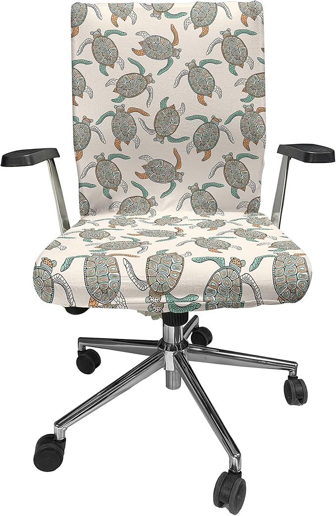 Ambesonne Ethnic Office Chair Cover, Illustration of Traditional Turtle with Geometric Motifs, Stretchable Decorative Universal Size High Back Printed Slipcover, Peach Seafoam