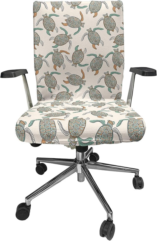 Ambesonne Ethnic Office Chair Cover, Illustration of Traditional Turtle with Geometric Motifs, Stretchable Decorative Universal Size High Back Printed Slipcover, Peach Seafoam
