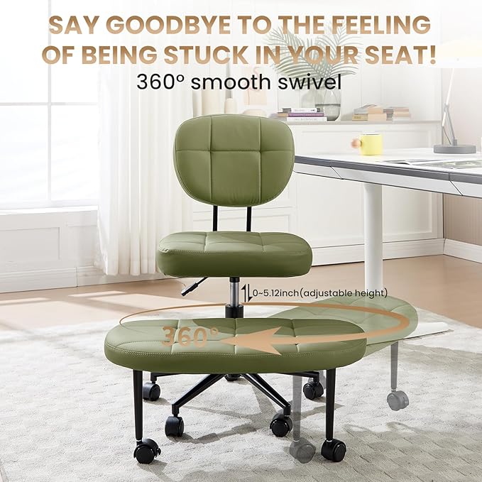 Criss Cross Chair Armless Office Chair for Cross Legged Sitting, 300lb Heavy Duty Ergonomic Desk Chair for ADHD, Adjustable Meditation Yoga Kneeling Chair with Brake Wheels for Home Office (Green)