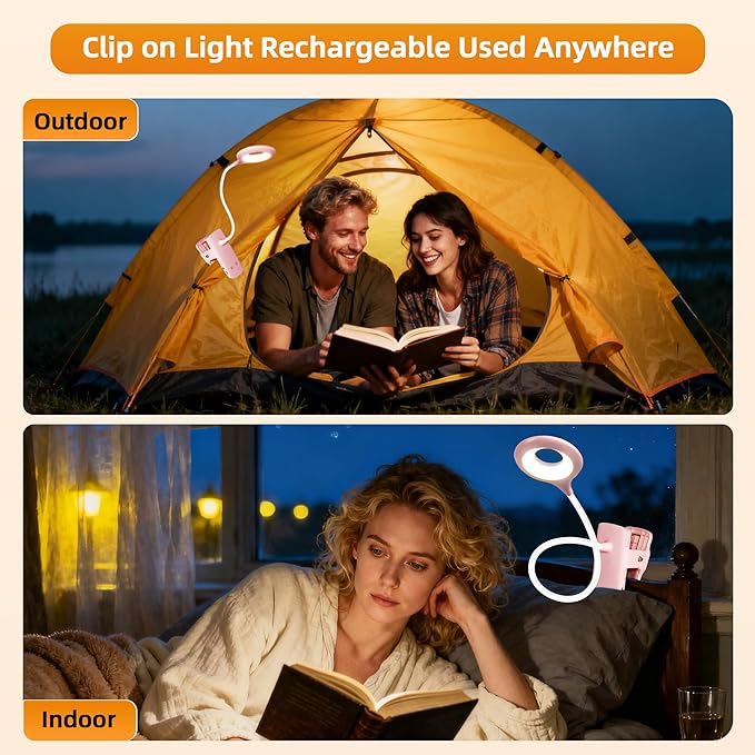 Akynite Desk Lamp LED Clip on Light, 5 Modes 5 Brightness Dimmable Clamp Light, Rechargeable Battery Flexible Clip on Reading Lamp for Bed Headboard Bunk Bed at Night for Kids (Pink)