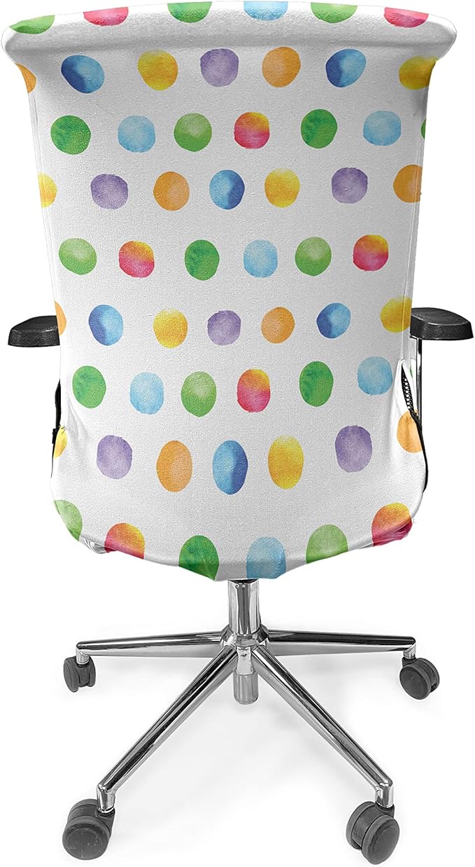 Ambesonne Watercolor Office Chair Cover, Abstract Brush Stroke Polka Dots Grunge Geometric Pattern Spotted Background, Stretchable Decorative Universal Size High Back Printed Slipcover, Green White