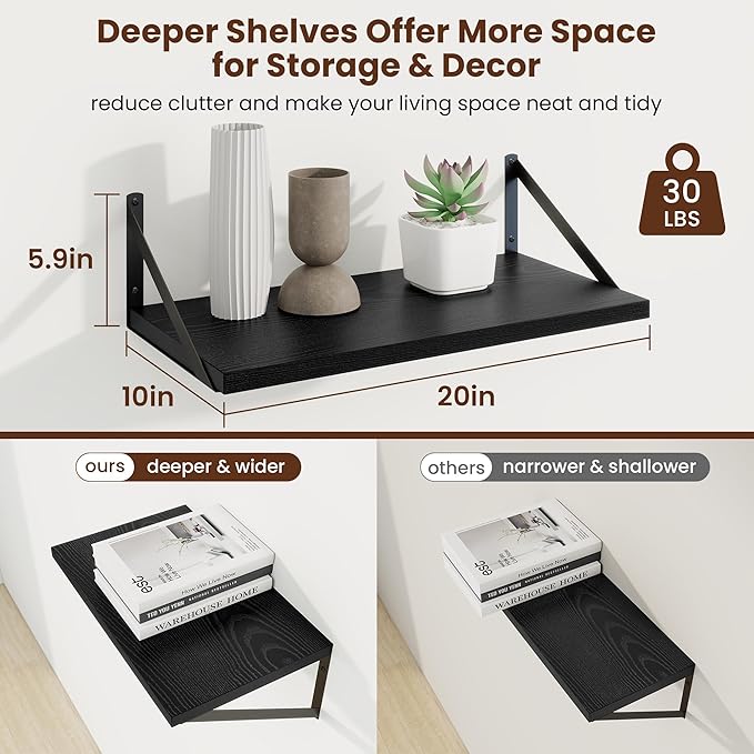 Axeman Deep Floating Shelves | 20 Inch Black Wall Shelves Set of 2 | 10 Inch Deep Rustic Wood Shelves for Wall | 20'' W x 10''D Black Shelves for Living Room Bathroom Kitchen