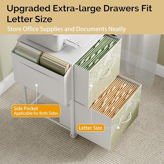 VINGLI 2 Drawer File Cabinet with Side Bag, Rolling File Cabinet Mobile Under Desk File Cabinet with Wheels, Fabric Drawers Printer Stand for Home Office, Fits Letter Size, White Green