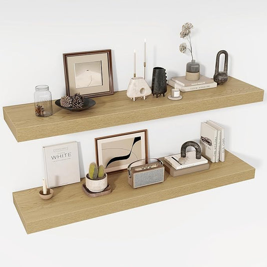 Acovy 48 Inch Floating Shelves, 12" Deep Floating Shelf Wall Mounted, 48" Wall Shelves, Rustic Deep Bookshelf, Extra Deeper & Thicker Display Shelves for Bedroom, Living Room, Oak, Set of 2