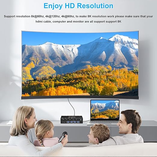 HDMI KVM Switch with Audio, 4 Ports KVM Switcher 8K@60Hz, with EDID Emulator for 4 Computers Share Mouse Keyboard and Monitor