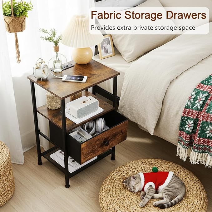 LOAKEKEL Night Stand Set 2, LED Nightstand with Charging Station, End Tables Living Room with Fabric Drawer for Small Spaces, Bed Side Tables with Storage Shelf for Bedroom, Brown, HETS01PBR