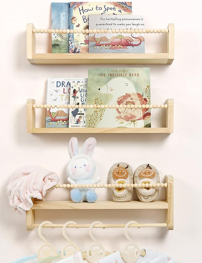 Maxpeuvon Nursery Floating Shelves for Wall, Set of 3 Book Shelves Natural Wood Wall Mounted Organizer with Towel Bar Hanging Bookshelves Nursery Decor for Kids Room, Bedroom and Kitchen