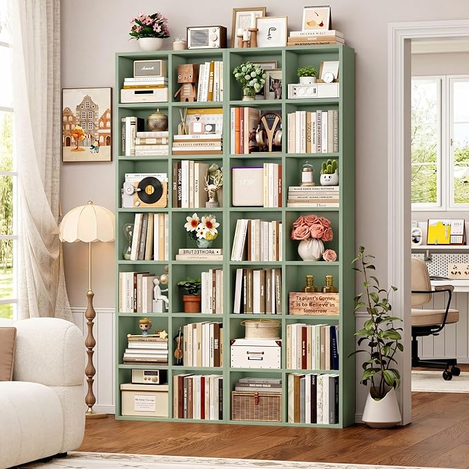 FOTOSOK 71'' Tall Bookshelf with 14 Cubes, 7 Tier Double Wide Bookshelf with 6 Adjustable Shelves, 19.6" Narrow Bookcase DVD/CD Media Storage Shelf, Space Saving Display Shelf Cabinet, Green