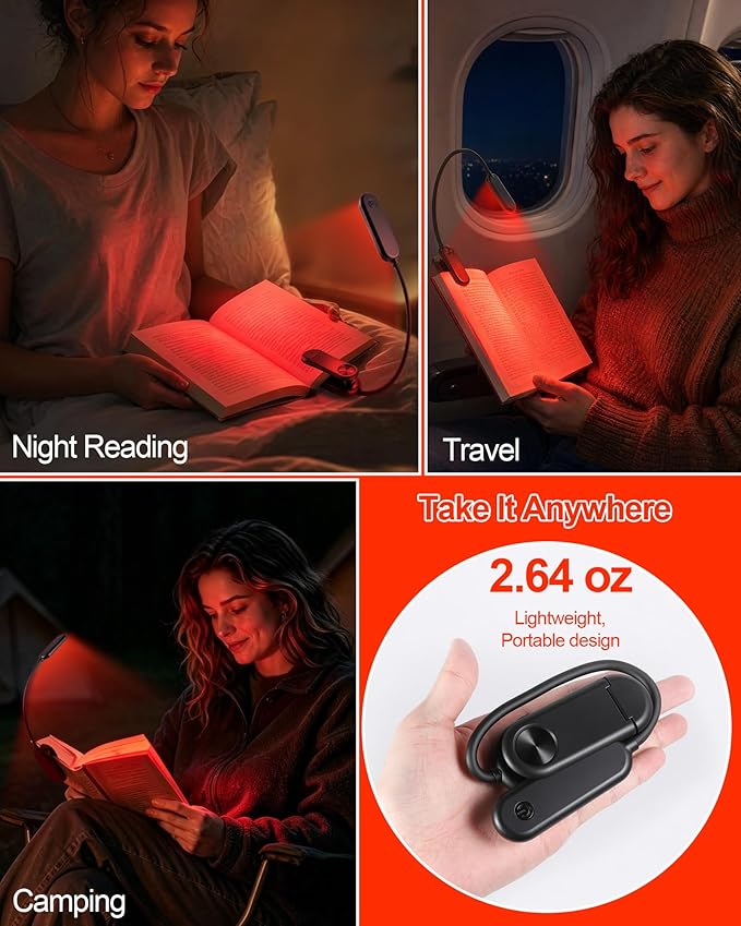 670nm Red Book Light for Reading at Night [1 Pack] - Zero Blue Light, Dimmable Reading Lights for Books in Bed, LED Book Lamp Clip on, Gift for Students Parents Nurse Studying Travel