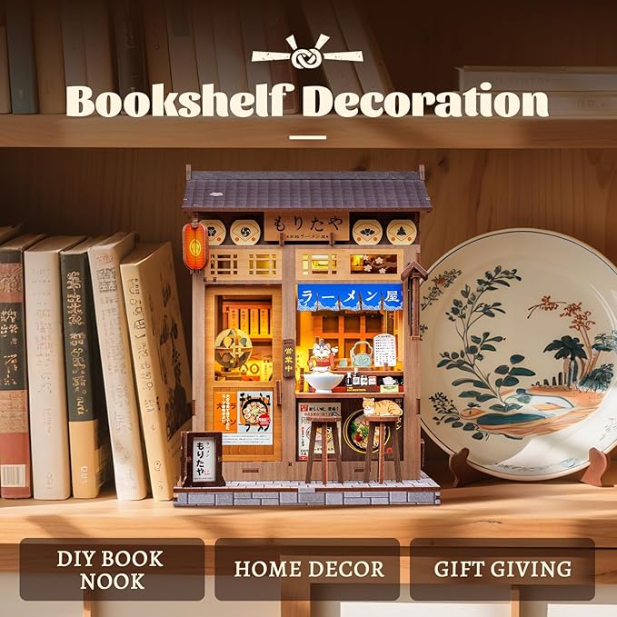 Fsolis Japanese Book Nook Kit - DIY Miniature Mini House Japan 3D Wooden Puzzles for Adults Booknook Noodle Shop Bookshelf Diorama, Gifts for Women Book Lovers (Morita-Ya Ramen)