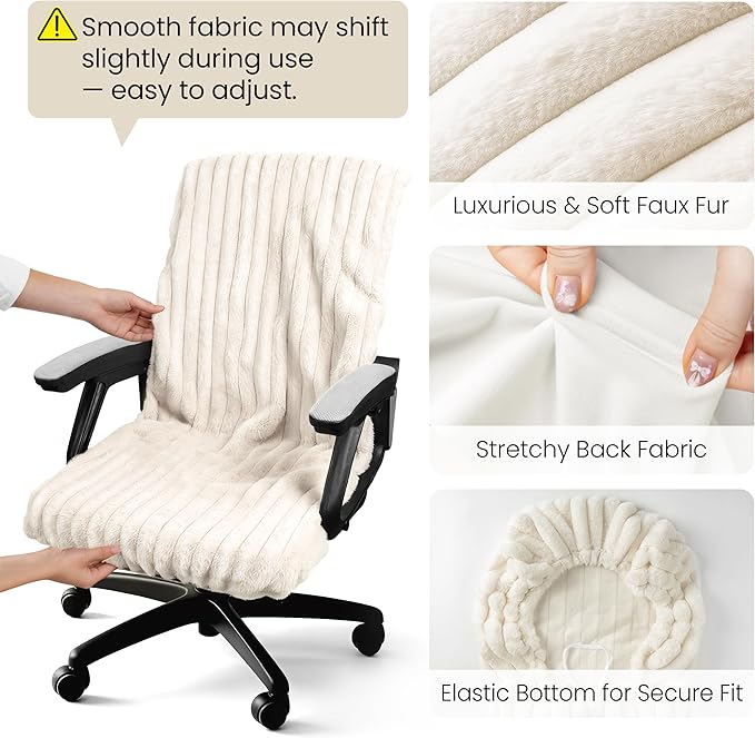 AELS Faux Fur Striped Office Chair Cover, Desk Chair Cover Computer Office Chair Covers - Fits Desk Chair/Armchair, Soft Breathable Fabric - Washable & Removable for Home & Office, Beige